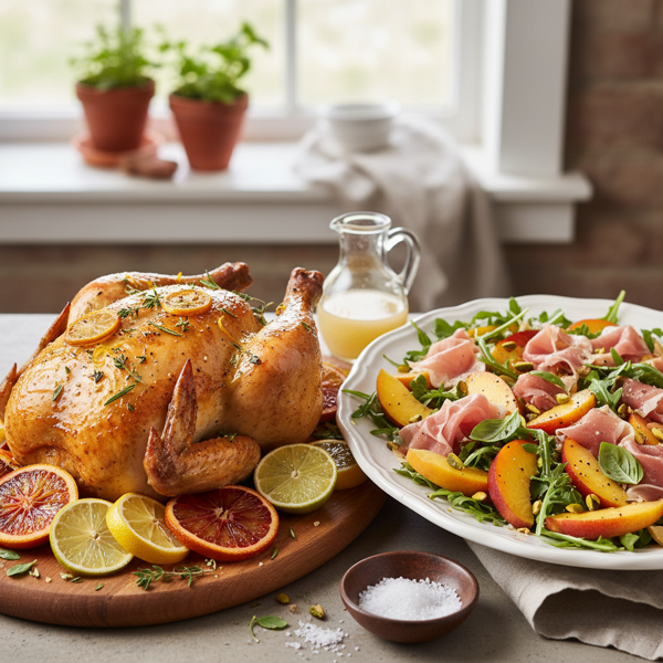 Citrusy Herb-Infused Chicken with Peach and Prosciutto Salad recipe