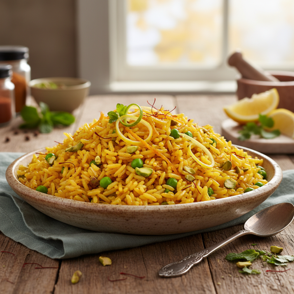 Citrusy Saffron Rice Pilaf with Peas and Pistachios recipe