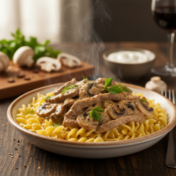 Classic Beef Stroganoff over Egg Noodles recipe