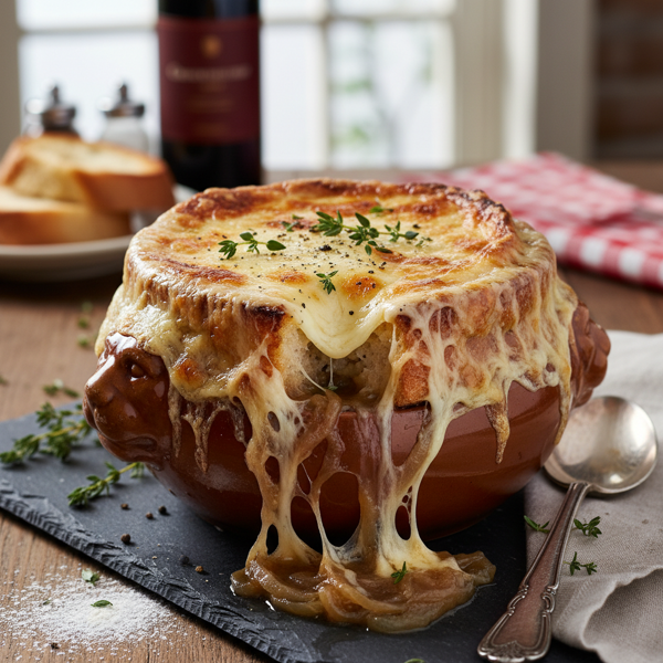 Classic French Onion Soup with Cheesy Toast Topping recipe
