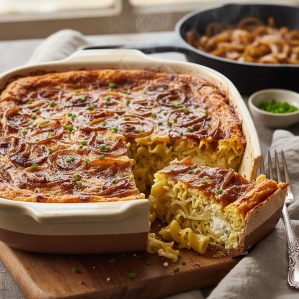 Classic Savory Noodle Kugel with Caramelized Onions recipe