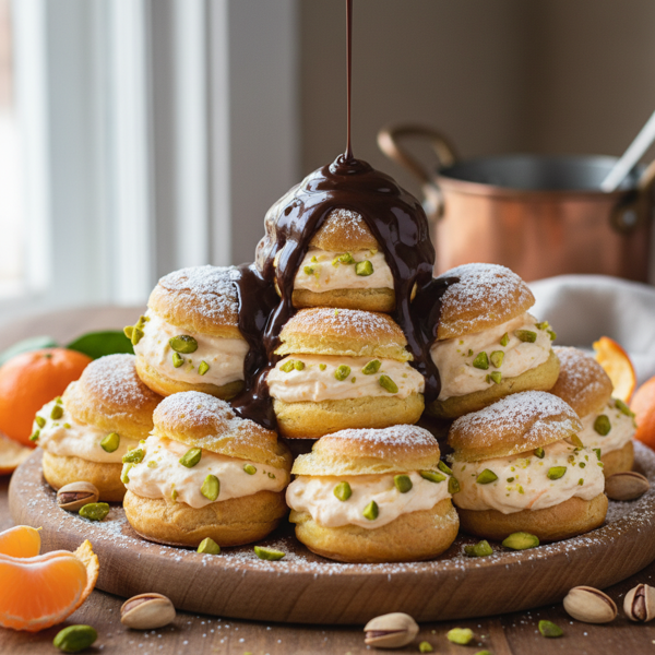 Clementine Pistachio Profiteroles with Velvety Chocolate Drizzle recipe