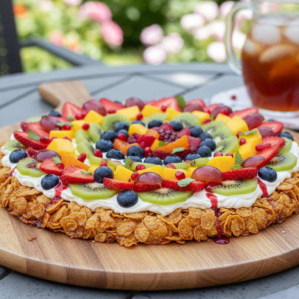 Colorful Corn Flakes Fruit Delight Pizza recipe