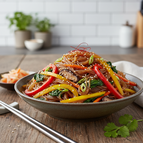 Colorful Vegetarian Jap Chae (Korean Glass Noodle Stir-Fry) recipe