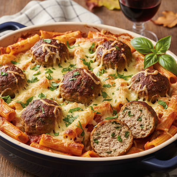 Comforting Baked Rigatoni with Herb-Infused Turkey Meatballs recipe