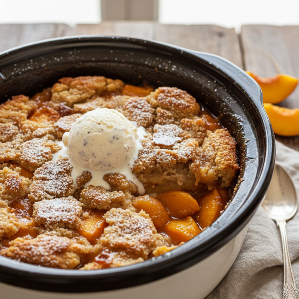 Comforting Slow Cooker Peach Cobbler Delight recipe