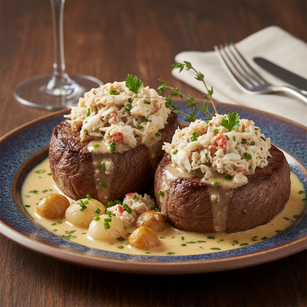 Crab-Stuffed Sirloin Steaks with Creamy Wine Sauce recipe