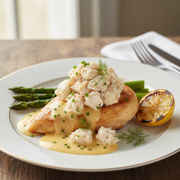Crab-Topped Chicken Oscar with Asparagus and Hollandaise recipe