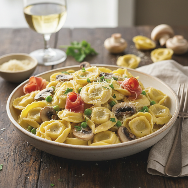 Creamy Alfredo Tortellini with Prosciutto, Mushrooms, and Peas recipe