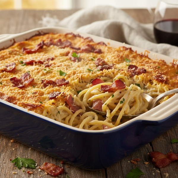 Creamy Bacon Parmesan Spaghetti Bake recipe