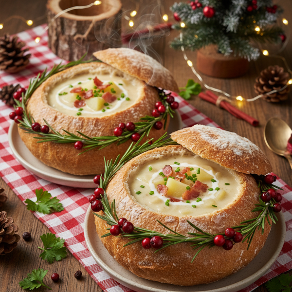Creamy Bacon Potato Soup in Festive Bread Bowls recipe