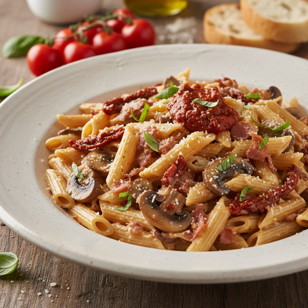 Creamy Bacon and Mushroom Penne with Sun-Dried Tomato Pesto recipe