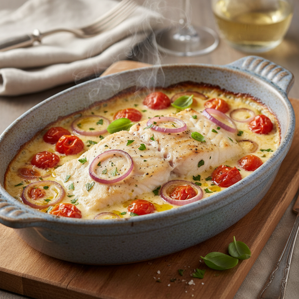 Creamy Baked Halibut with Tomatoes and Onions recipe