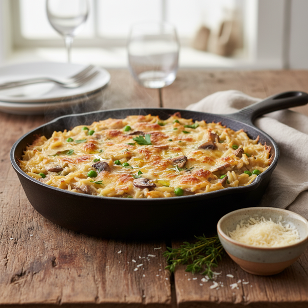 Creamy Baked Orzo with Fontina, Mushrooms, and Peas recipe