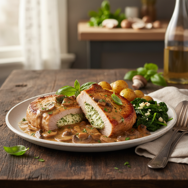 Creamy Basil-Stuffed Pork Chops in Mushroom Sauce recipe
