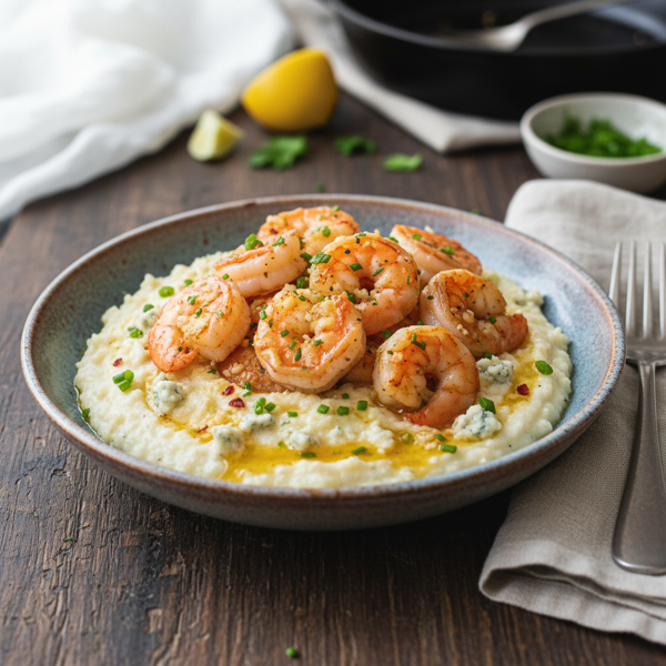 Creamy Blue Cheese Grits with Garlic-Butter Shrimp recipe