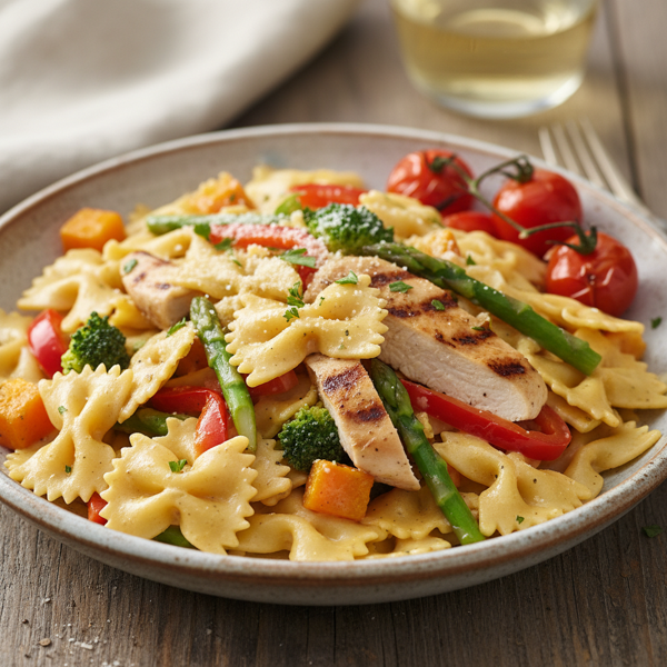 Creamy Bow Tie Pasta with Chicken and Seasonal Vegetables recipe