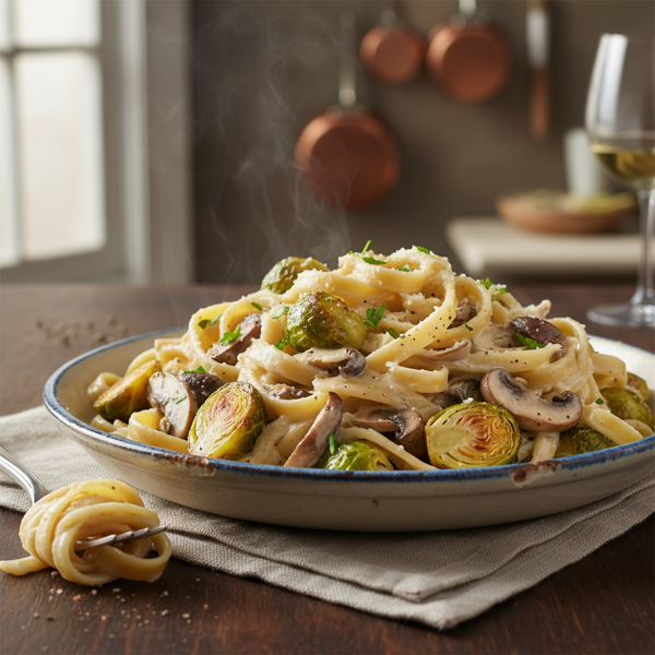 Creamy Brussels Sprouts and Mushroom Fettuccine recipe
