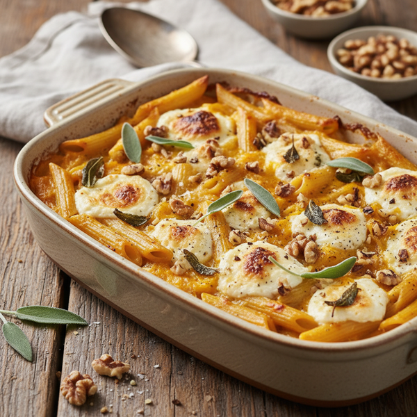 Creamy Butternut Squash Penne Bake with Ricotta and Walnuts recipe