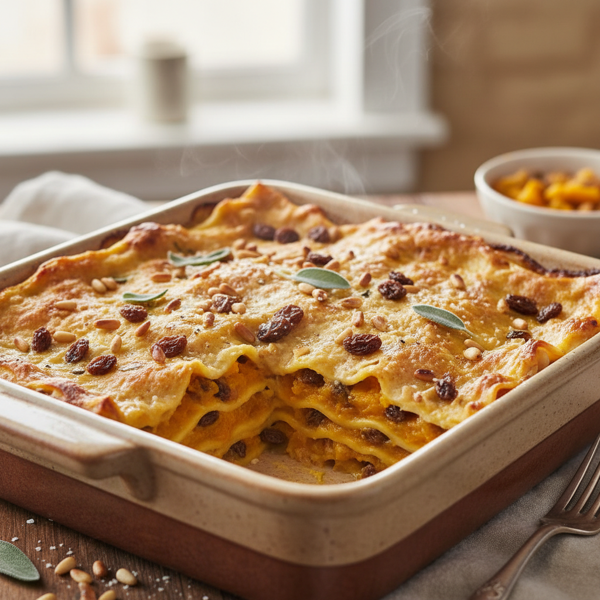 Creamy Butternut Squash & Raisin Lasagna with Pine Nuts recipe