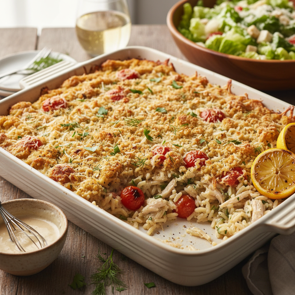 Creamy Caesar Chicken Orzo Bake recipe