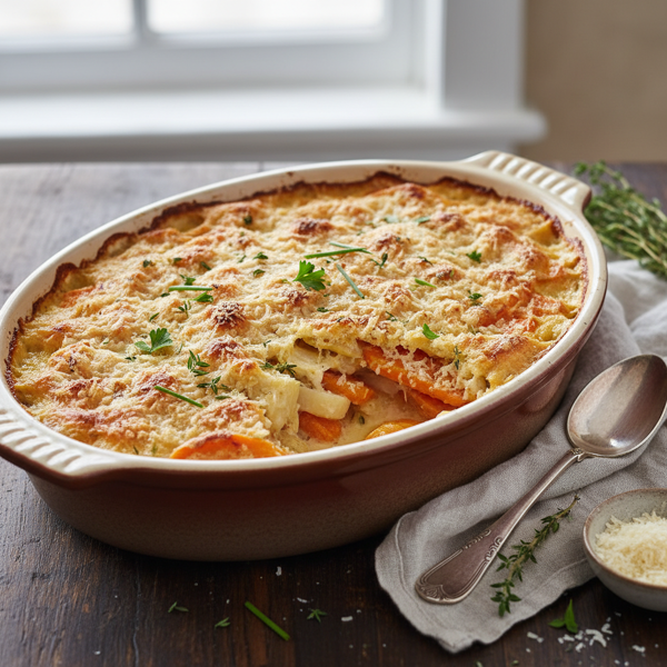 Creamy Carrot and Parsnip Gratin with Parmesan Crust recipe