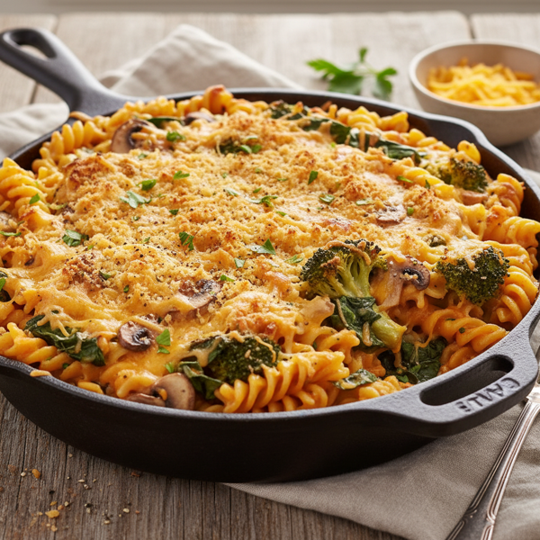 Creamy Cheddar Broccoli Spinach Mushroom Pasta Bake recipe