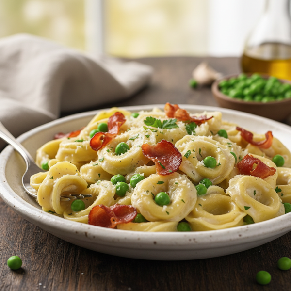 Creamy Cheese Tortellini with Crispy Prosciutto and Sweet Peas recipe