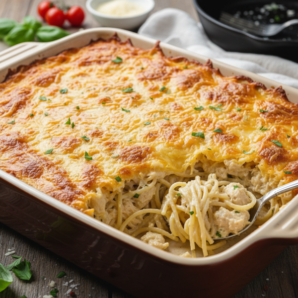 Creamy Cheesy Chicken Spaghetti Casserole recipe