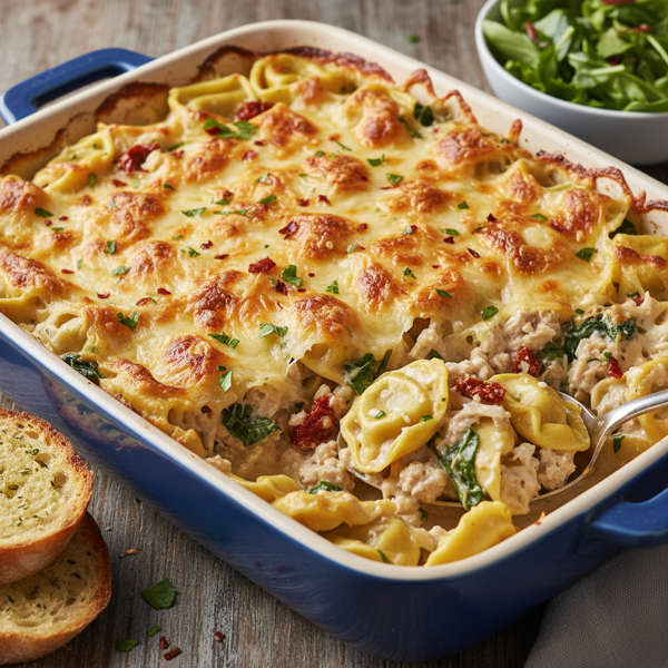 Creamy Cheesy Chicken Tortellini Bake recipe