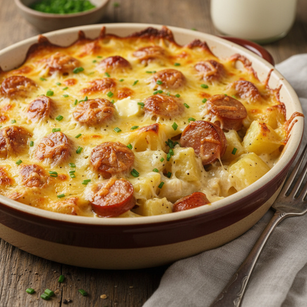 Creamy Cheesy Frankfurter and Potato Casserole recipe