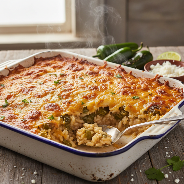 Creamy Cheesy Green Chili Rice Bake recipe