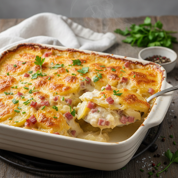 Creamy Cheesy Ham and Potato Bake recipe