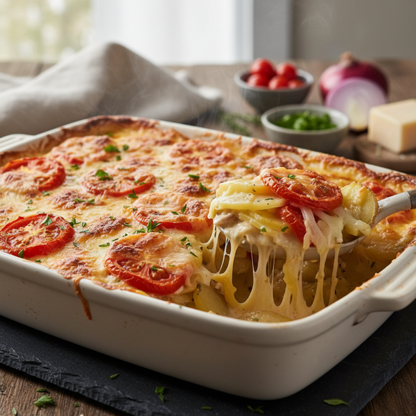 Creamy Cheesy Potato, Onion & Tomato Casserole recipe