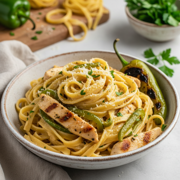 Creamy Chicken Fettuccine with Anaheim Peppers recipe