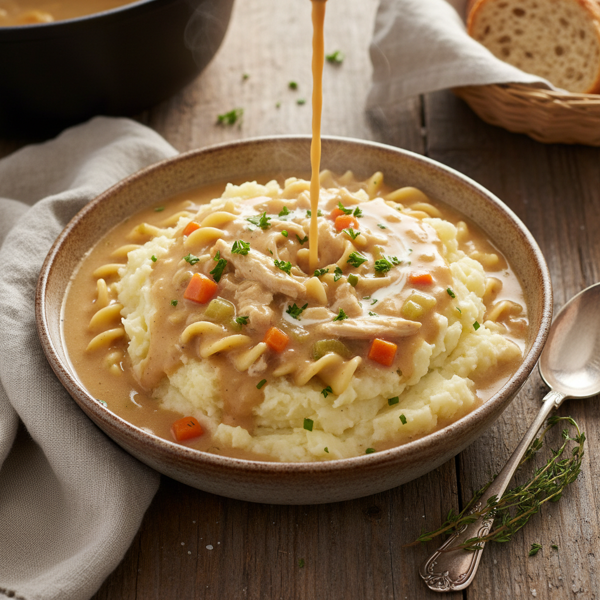 Creamy Chicken Noodle Soup over Mashed Potatoes recipe