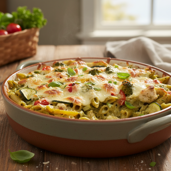 Creamy Chicken Pesto Pasta Bake with Vegetables recipe