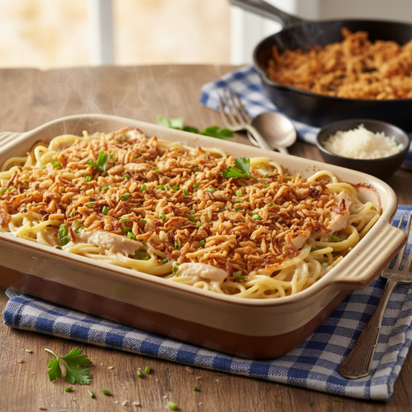 Creamy Chicken Spaghetti Bake with Crunchy Onion Topping recipe
