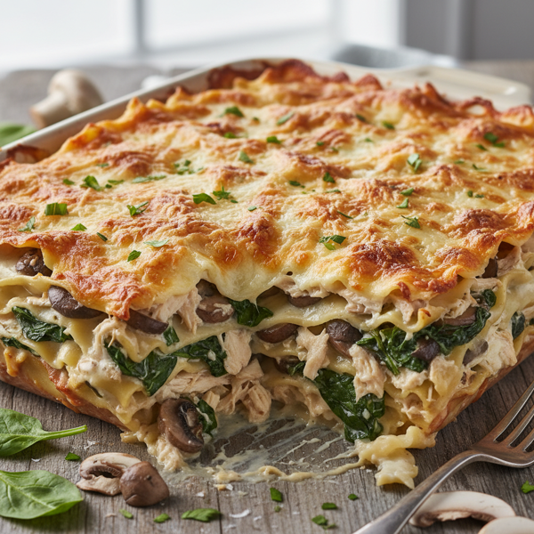 Creamy Chicken Spinach Mushroom Lasagna Bake recipe