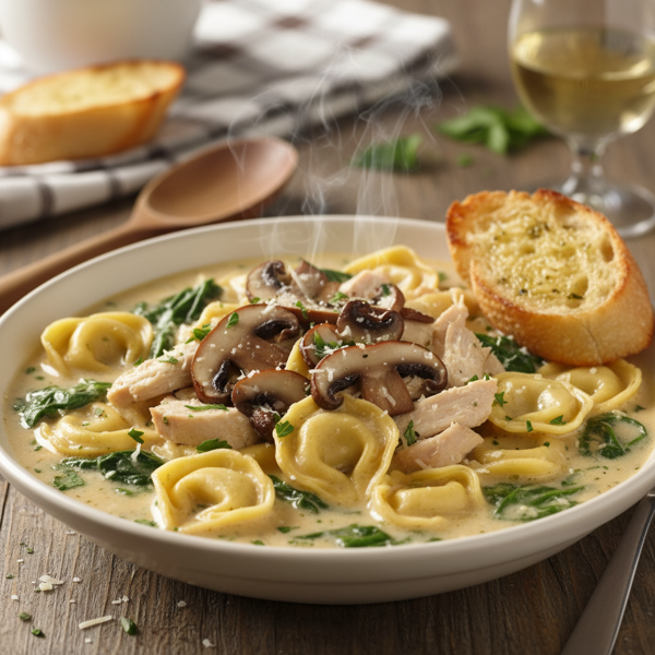 Creamy Chicken Tortellini Soup with Spinach and Savory Mushrooms recipe
