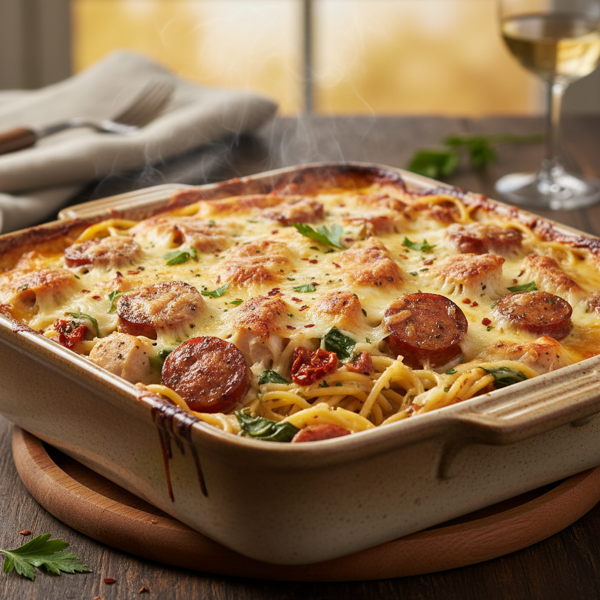 Creamy Chicken & Sausage Baked Spaghetti recipe