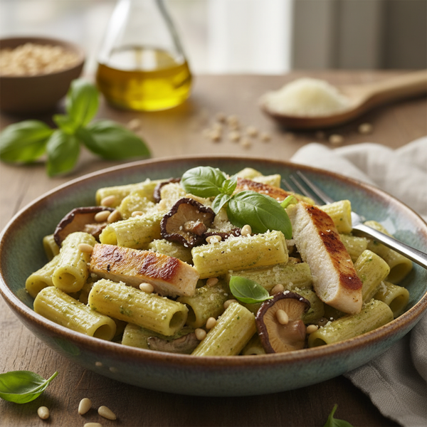 Creamy Chicken & Shiitake Mushroom Basil Pesto Pasta recipe