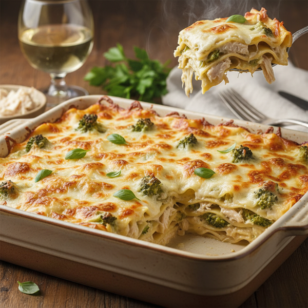 Creamy Chicken and Broccoli Alfredo Lasagna recipe