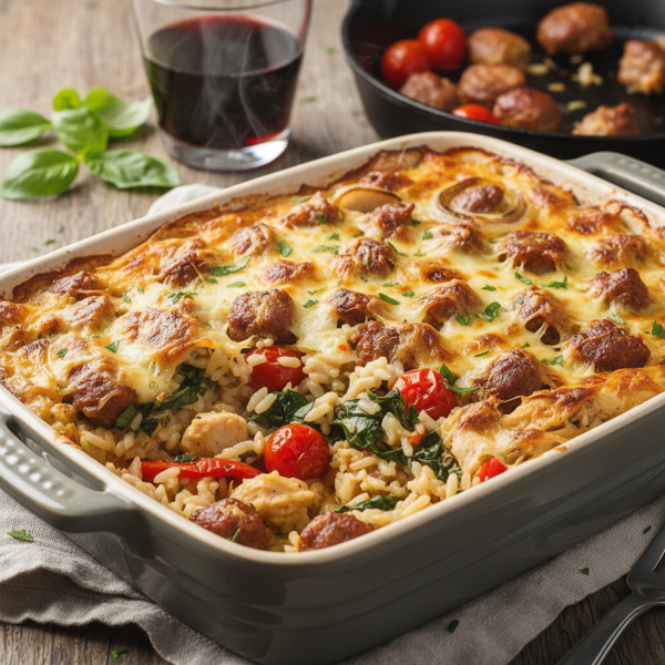 Creamy Chicken and Italian Sausage Rice Bake recipe