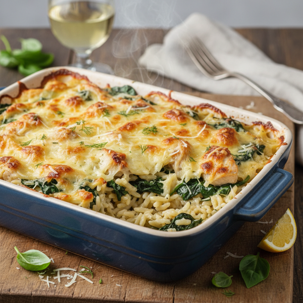 Creamy Chicken and Spinach Orzo Bake recipe