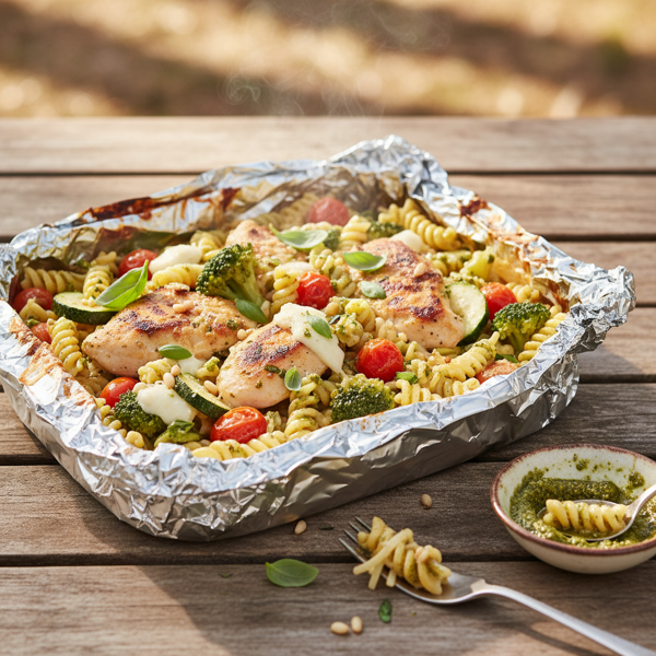 Creamy Chicken and Veggie Pasta Foil Packet with Pesto Delight recipe