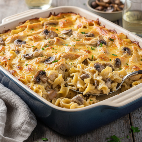 Creamy Chicken or Turkey Mushroom Noodle Bake recipe