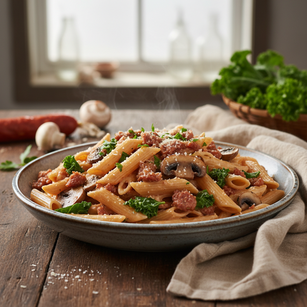 Creamy Chorizo Mushroom and Kale Penne recipe