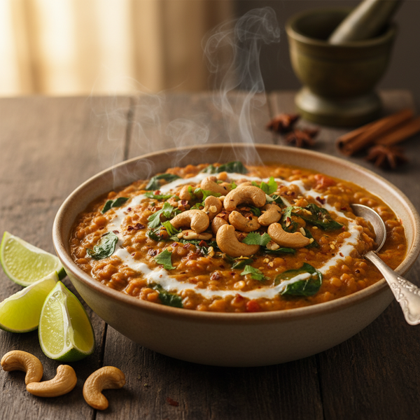 Creamy Coconut Spinach Lentil Curry with Cashews and Lime recipe