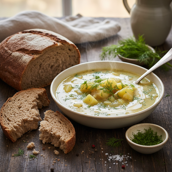 Creamy Dilled Potato Soup with Rustic Rye recipe